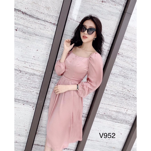Váy cổ vuông hồng hàng thiết kế cao cấp