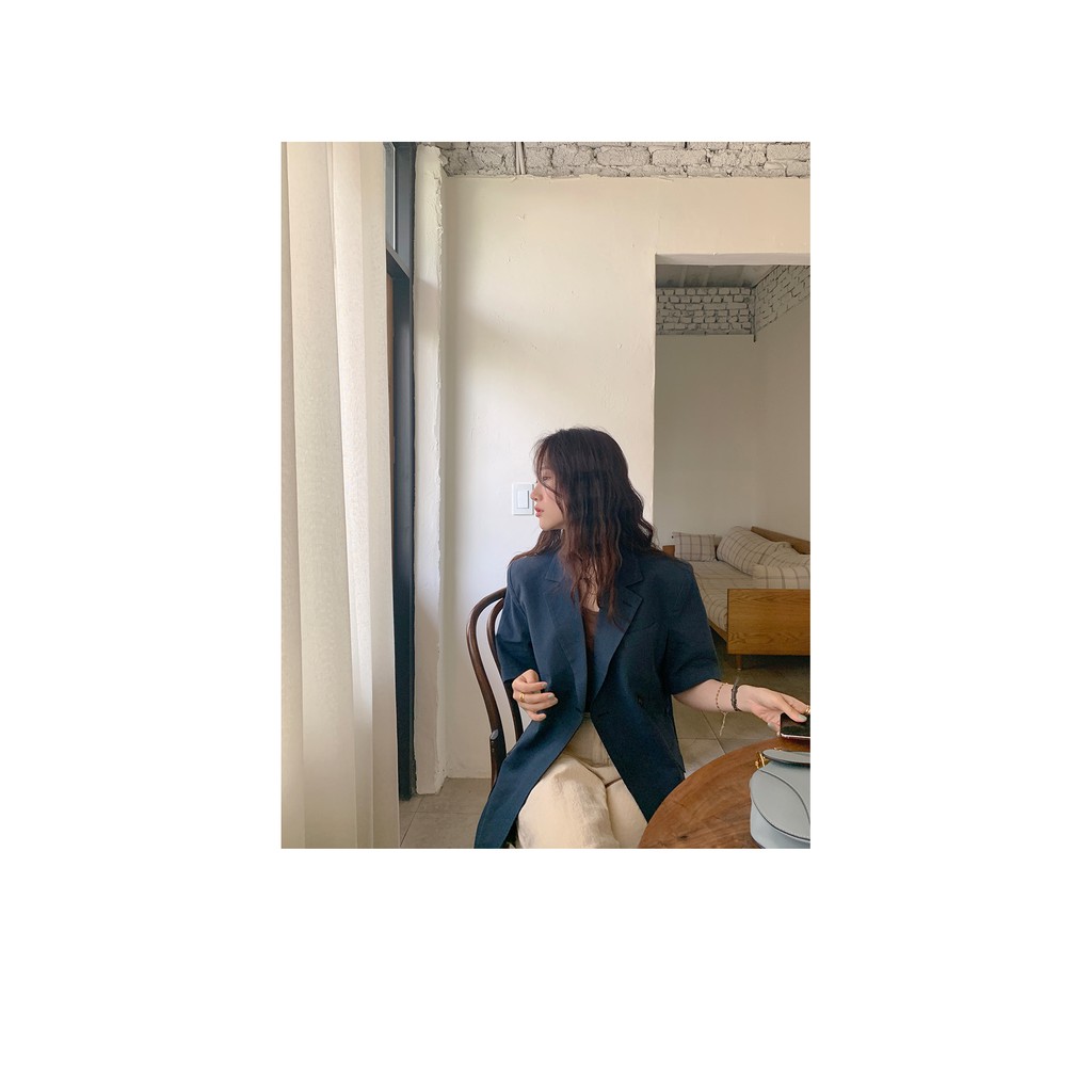 Bộ Áo Khoác Blazer Cotton Ngắn Tay Dáng Rộng Phối Nút + Quần Xinh Xắn | BigBuy360 - bigbuy360.vn