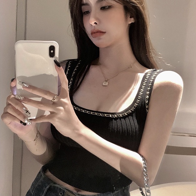 Áo dệt kim ZHELIHANGFEI sát nách hở eo phối dây xích cá tính