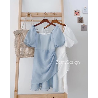 Váy TK 2 dây tay bồng zúm khuy ngọc