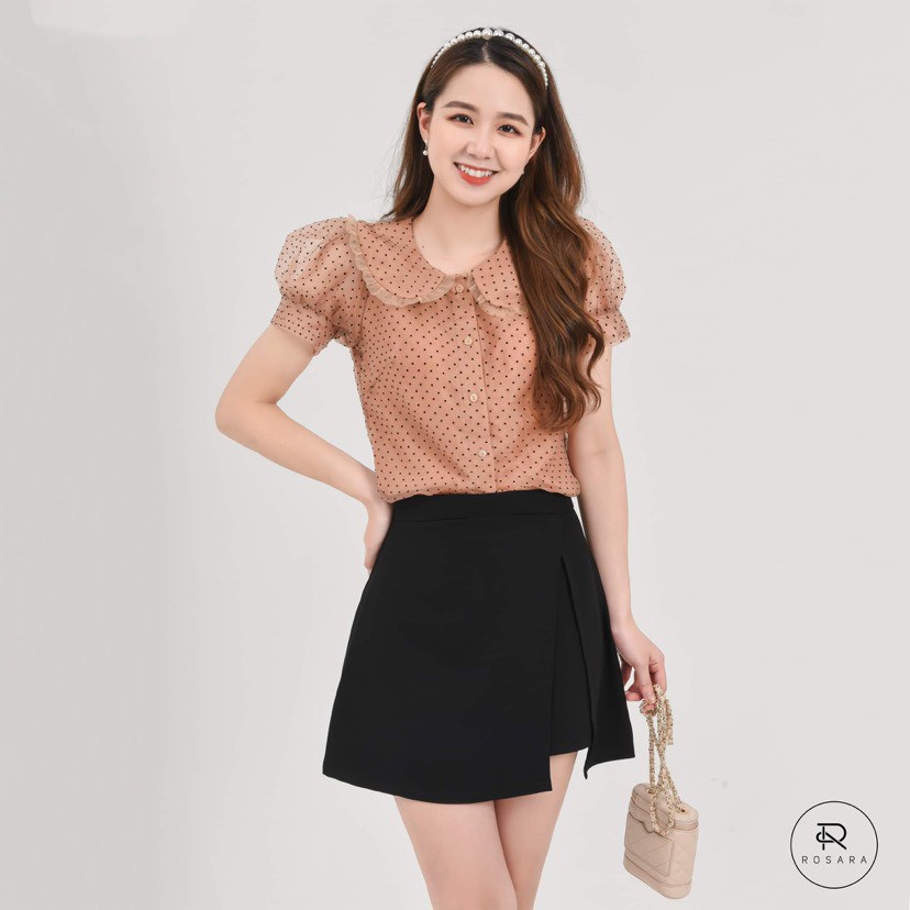 Áo sơ mi thời trang nữ cổ sen nâu tây chấm bi Rosara AM13 | BigBuy360 - bigbuy360.vn