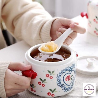 Thố sứ chưng yến cách thủy hũ sứ chưng yến có nắp cao cấp họa tiết Cherry 450ml 650ml