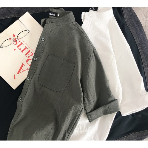 Áo Sơ Mi Cổ Tàu chất đũi Form Rộng Chất Đẹp Siêu Hot Sơ mi unisex nam nữ đều mặc được