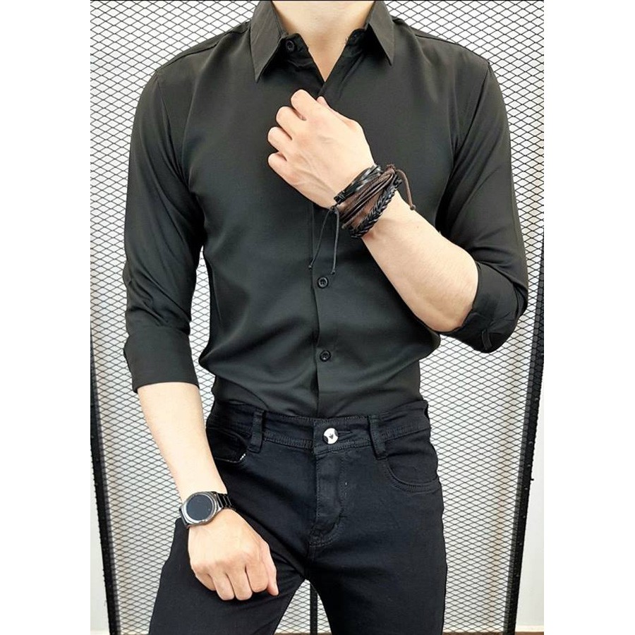 Áo Sơ Mi Nam Đen Cổ Bẻ Chất Lụa Mịn Chống Nhăn Phong Cách Trẻ Trung