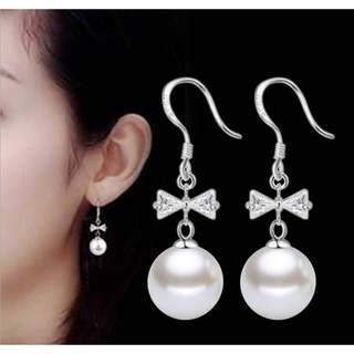 Đôi khuyên tai dài đính nơ và ngọc trai thời trang cho nữ
