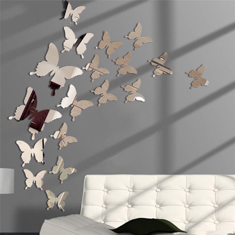 Set 12 sticker dán tường hình bươm bướm 3D hiệu ứng gương trang trí xinh xắn