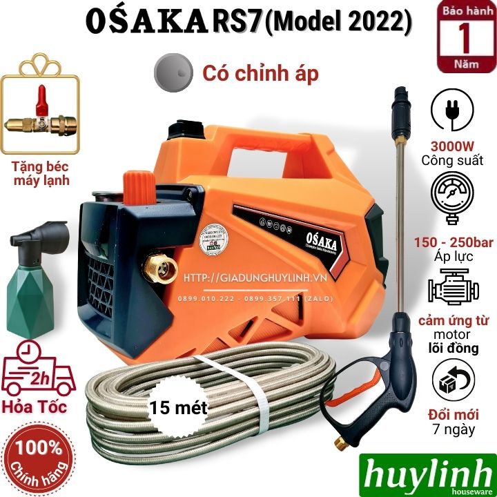 Máy xịt rửa xe chỉnh áp Osaka RS7 - 3000W - Model 2022 - Tặng béc rửa máy lạnh, điều hoà