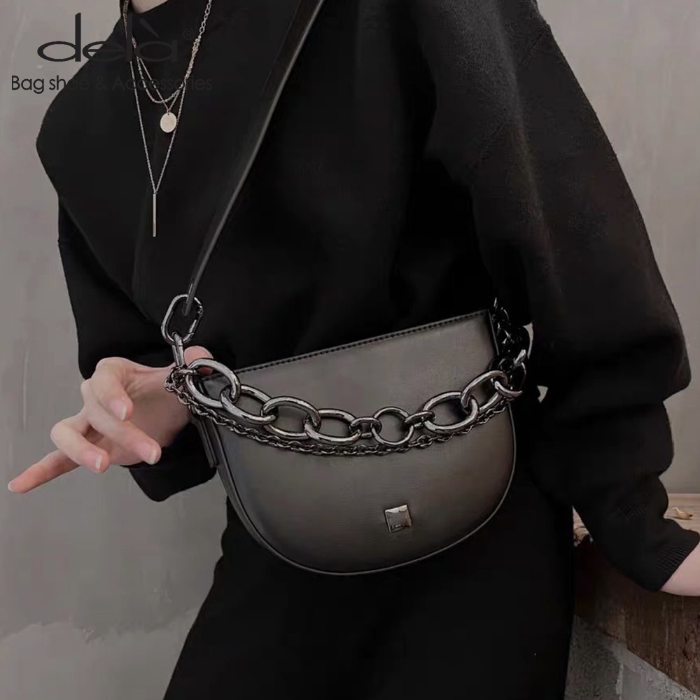 Dela ins Túi Xách Đeo Vai Hình Bán Nguyệt Phối Dây Xích Thời Trang Hàn Quốc Cao Cấp Dễ Phối Đồ Cho Nữ