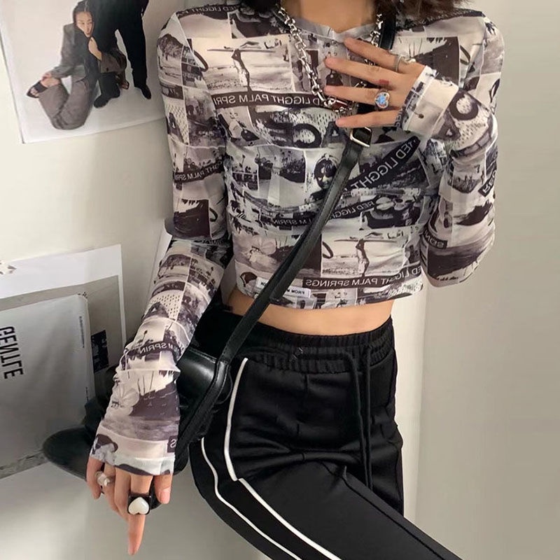 Áo Thun Lưới Eo Cao In Hoạ Tiết Graffiti Thời Trang Xuân Hè 2022