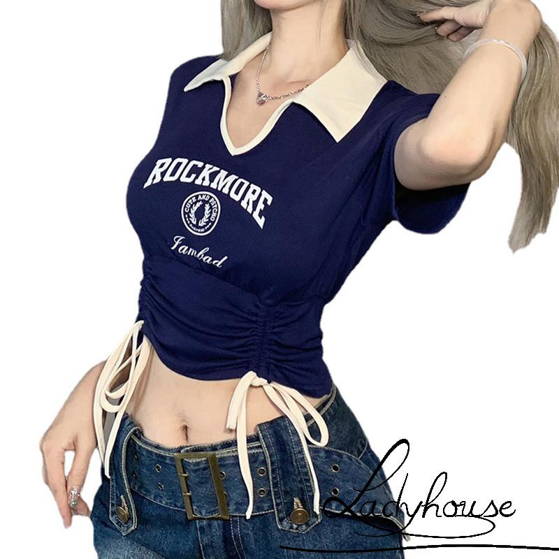 Áo Thun Croptop Tay Ngắn Cổ Chữ V Phối Dây Rút Thời Trang Mùa Hè Cho Nữ