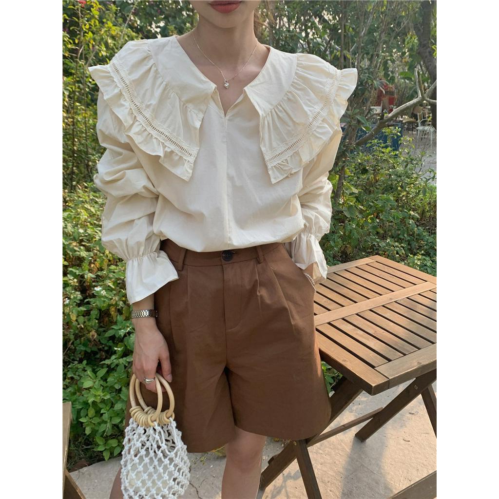 Áo Sơ Mi Trắng Dài Tay Cỡ Lớn Phối Bèo Nhún Ngọt Ngào 61918