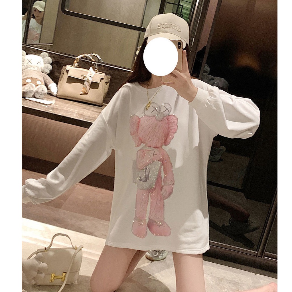 Jiashucheng Hàng Có Sẵn Áo Thun Dài Tay Dáng Rộng Cỡ Lớn Vừa In Họa Tiết Kim Cương Công Nghiệp Màu Trắng