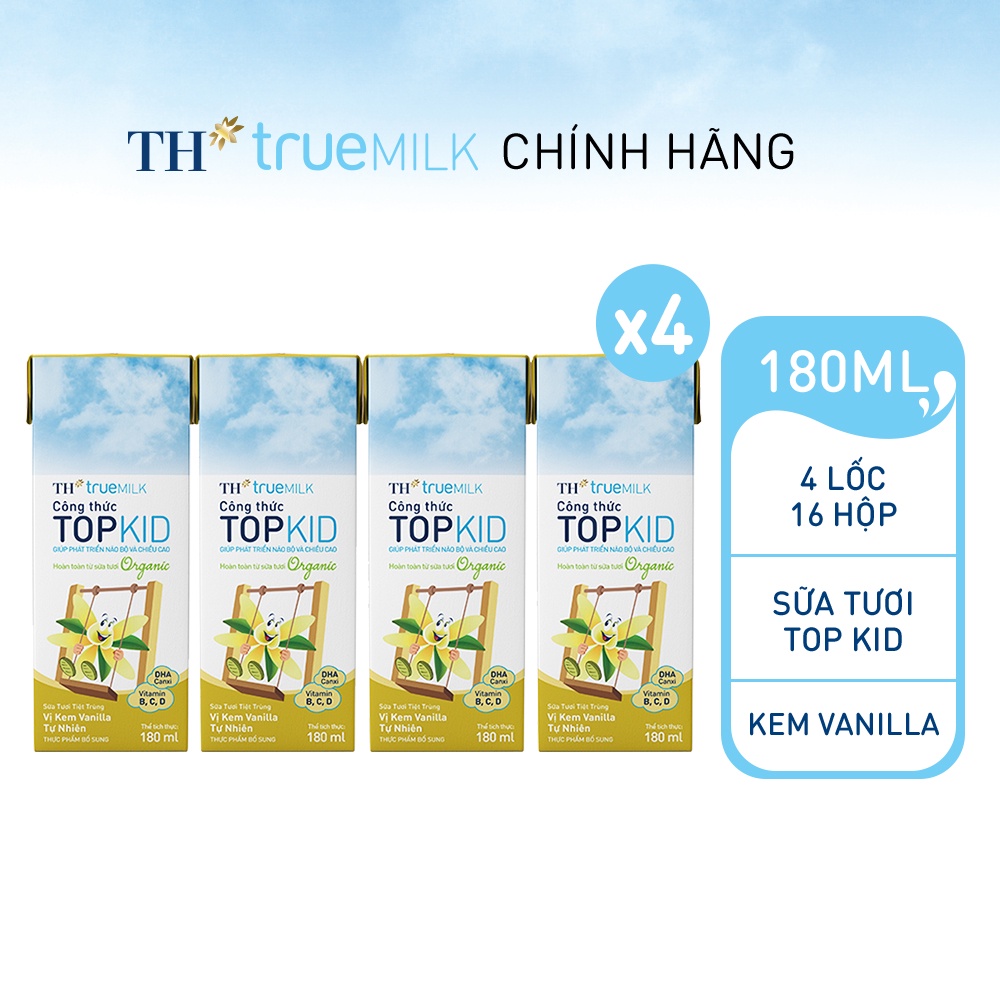 4 Lốc sữa tươi tiệt trùng TOPKID kem vanilla tự nhiên TH True Milk 180ml (180ml x 4 hộp)