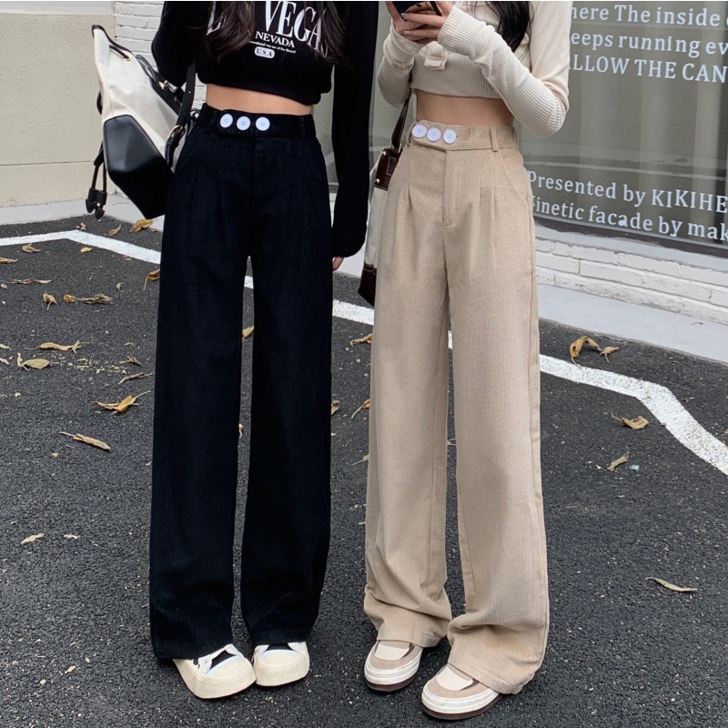 QADCOL Quần Nhung Dài Ống Rộng Lưng Cao Màu Sắc Đơn Giản Thời Trang Hàn Quốc