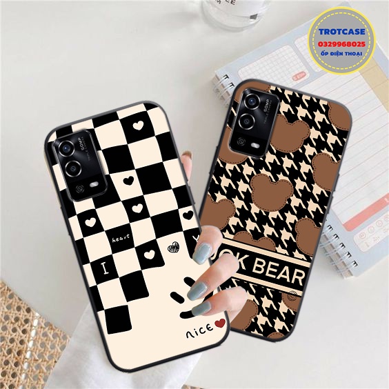 Ốp lưng Oppo A54 4G / A54 5G / A55 4G / A55 5G - in hình lucky bear nâu và hoạ tiết cara trắng đen siêu đẹp