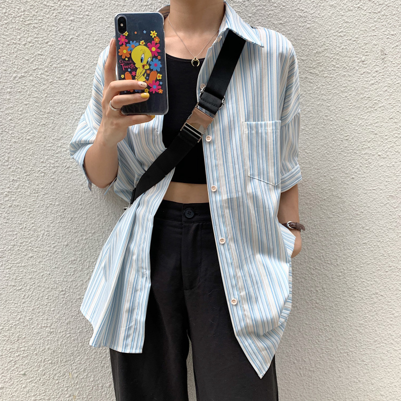 【Miss Sumey】Áo sơ mi tay ngắn họa tiết kẻ sọc phong cách cổ điển Hàn Quốc
