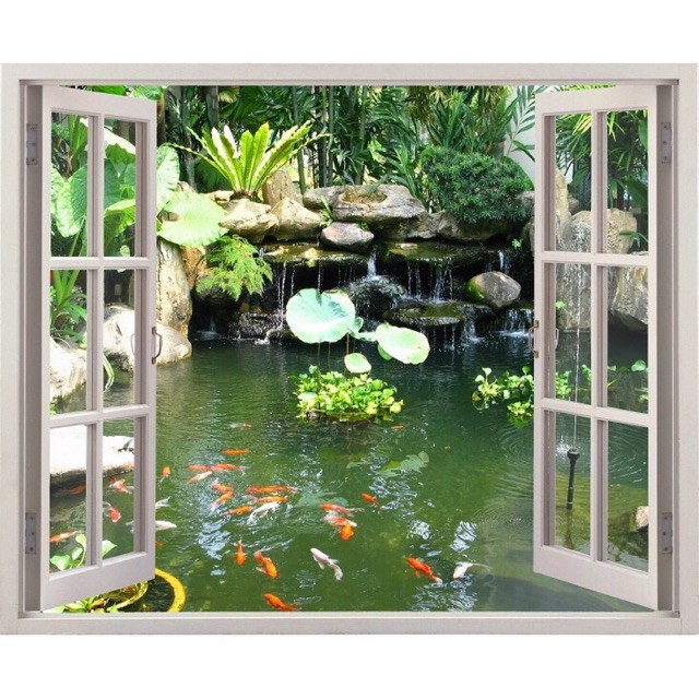 Tranh dán tường cửa sổ 3D phong cảnh thiên nhiên hồ cá có sẵn keo dán