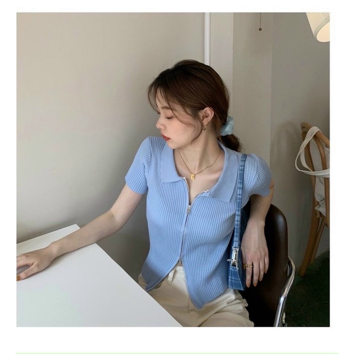 Áo thun len dây khoá kéo 2 đầu tay dài tay ngắn nhiều màu siêu hot