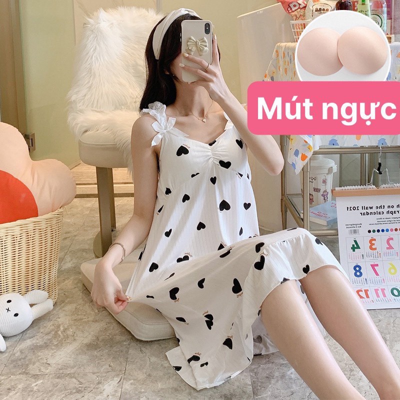 Đầm ngủ  2 dây quai ren đính nơ kèm đệm ngực - Váy ngủ xinh chất thun sữa mềm mát V292