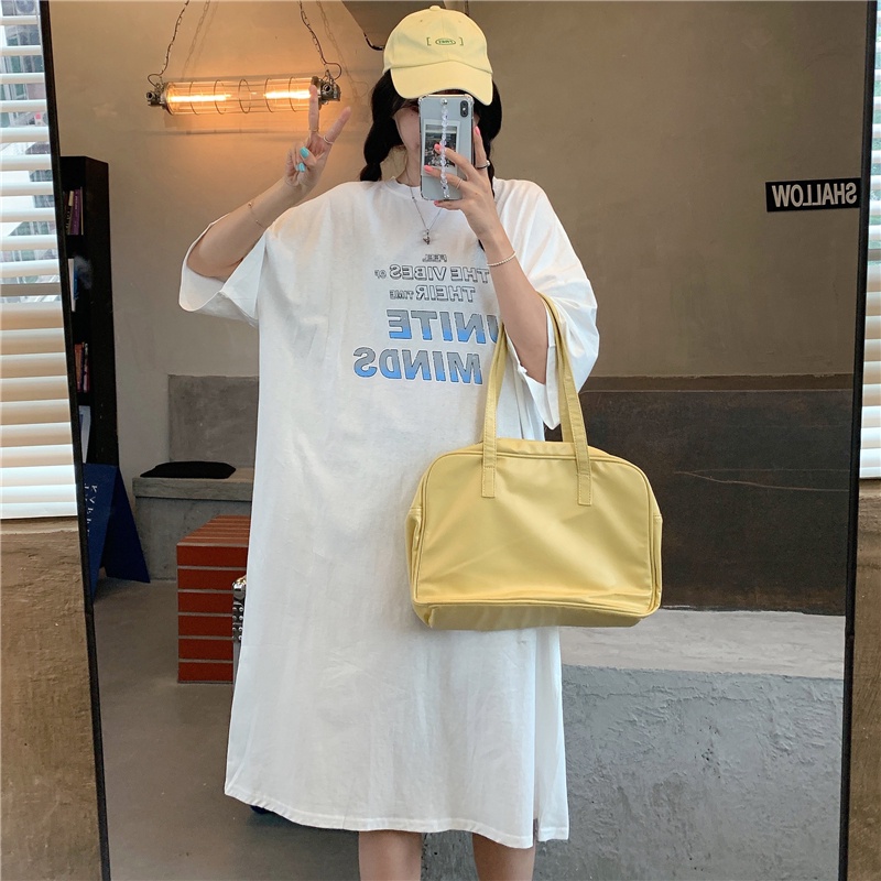 Đầm Thun Ngắn Tay Dáng Rộng In Chữ Đơn Giản Thời Trang Mùa Hè Cho Nữ