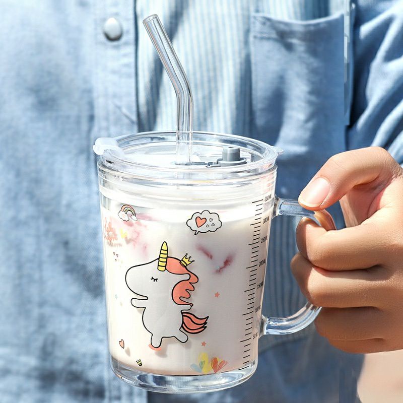Cốc chia vạch thủy tình có nắp đậy, bình hút cho bé size 350ml