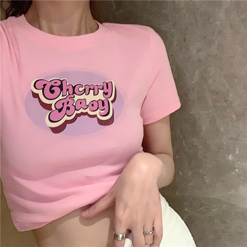 Áo thun tay ngắn dáng ôm in chữ màu hồng thời trang mùa hè hàng mới dành cho bạn nữ