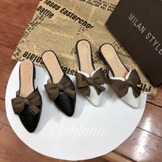 Giày mules nơ mũi nhọn gót vuông 3cm