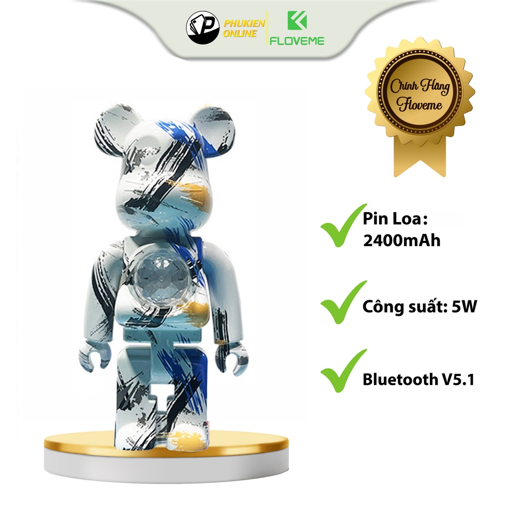 Loa Bluetooth Gấu Bearbrick Đèn Led Floveme Shen Lian, Nhỏ Gọn, Decor Bàn Làm Việc, Âm Thanh To Rõ Nét, Pin Dùng 3 - 5h.