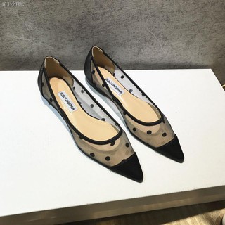 ۞Giày búp bê mũi nhọn phối lưới trong suốt thời trang mùa hè cho nữ