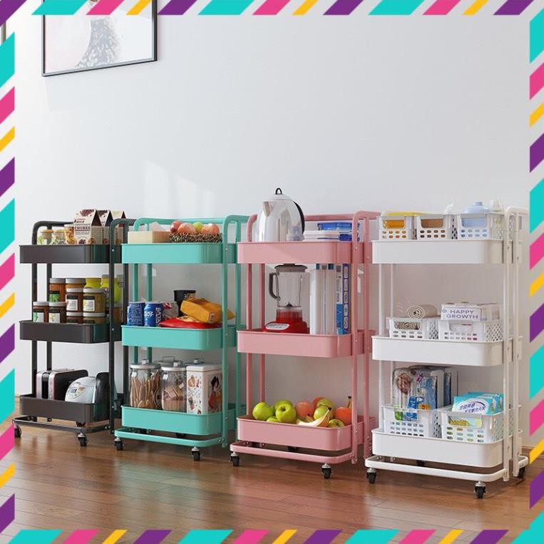 Kệ Bỉm Sữa Đa Năng 3 Tầng Xe đẩy Ngăn Kim Loại Có Bánh Xe Đẩy Kiểu IKEA Lắp Ráp