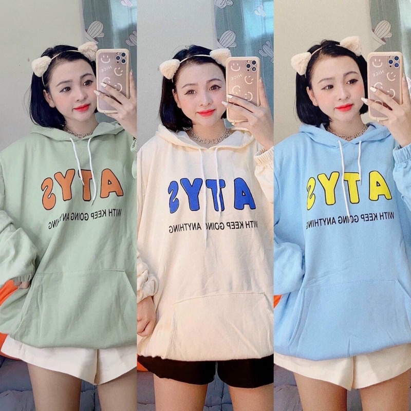 🦋ÁO NỈ NỮ MÙA ĐÔNG MÀU XANH🦋ÁO NỈ TAY DÀI IN CHỮ ATYS PHOM THỤNG PHONG CÁCH HÀN QUỐC🦋