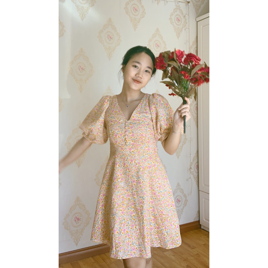 Đầm nữ dáng suông tay phồng cổ V thời trang GAGO floral v-neck mini dress màu cam GG3461