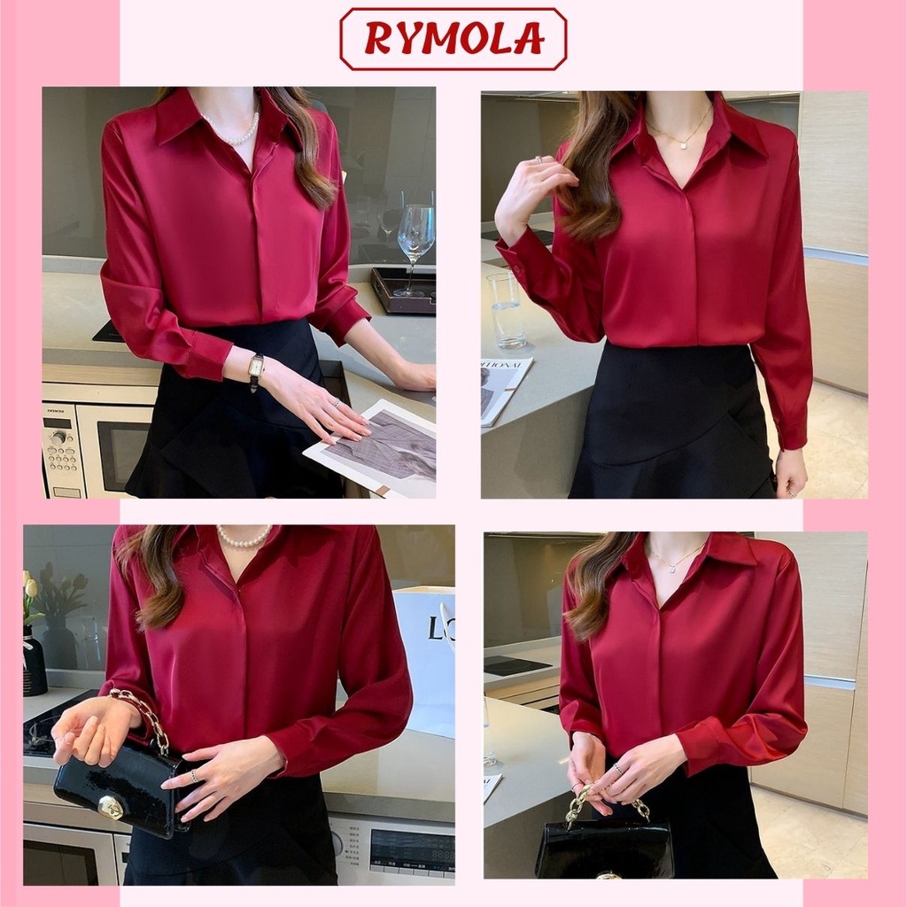 Áo Sơ Mi Nữ Công Sở Màu Đỏ Cổ Đức MOLA Kiểu Hàn Quốc Vintage Ulzzang Form Rộng Dài Tay Đẹp Chất Lụa Cao Cấp A2Đ