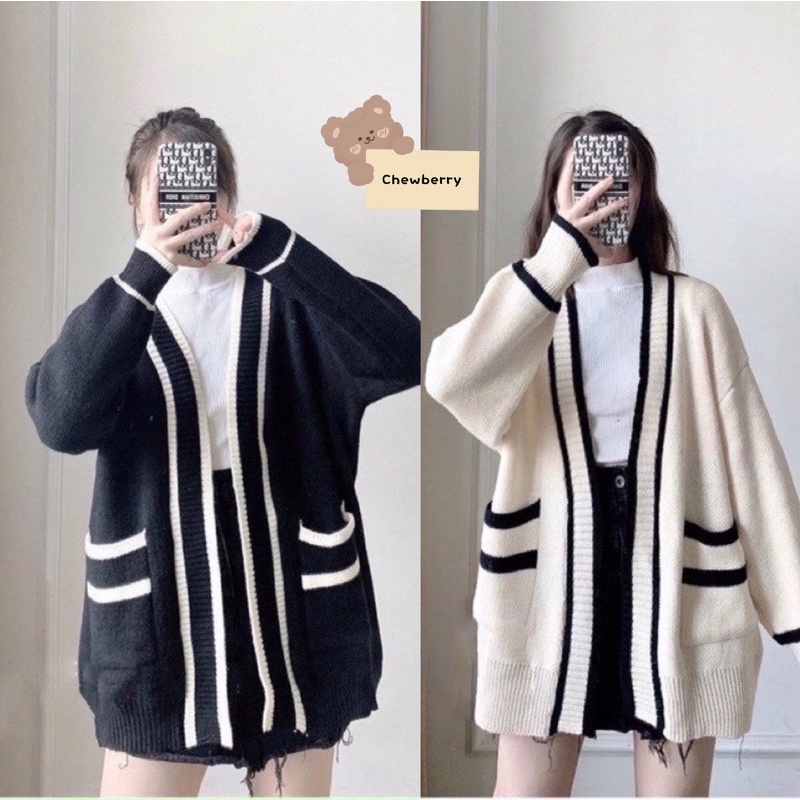 ÁO CARDIGAN, ÁO KHOÁC Nữ Form Rộng  Viền Túi Đen Trắng