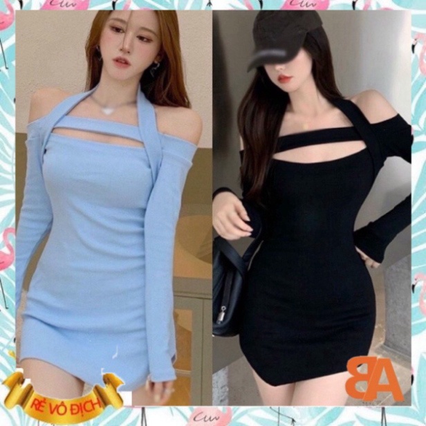 Đầm ôm body trễ vai phối dây choàng cổ tay dài