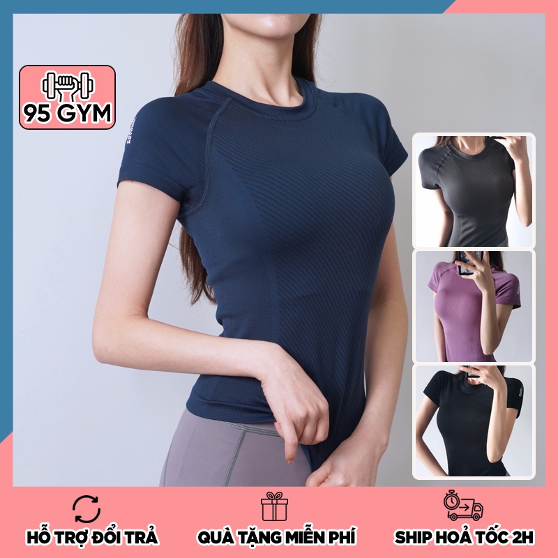 Áo tập gym yoga nữ AC16 dáng áo thể thao ngắn tay chất dệt kim ôm body tôn dáng co giãn tốt thoáng mát