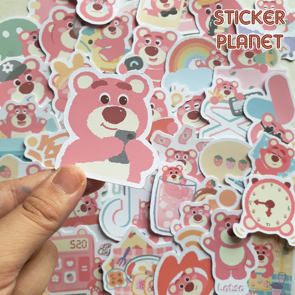 Sticker hình dán Gấu dâu lotso tông màu pastel dễ thương cute, pastel trang trí mũ bảo hiểm, dán Laptop, journal, sổ tay