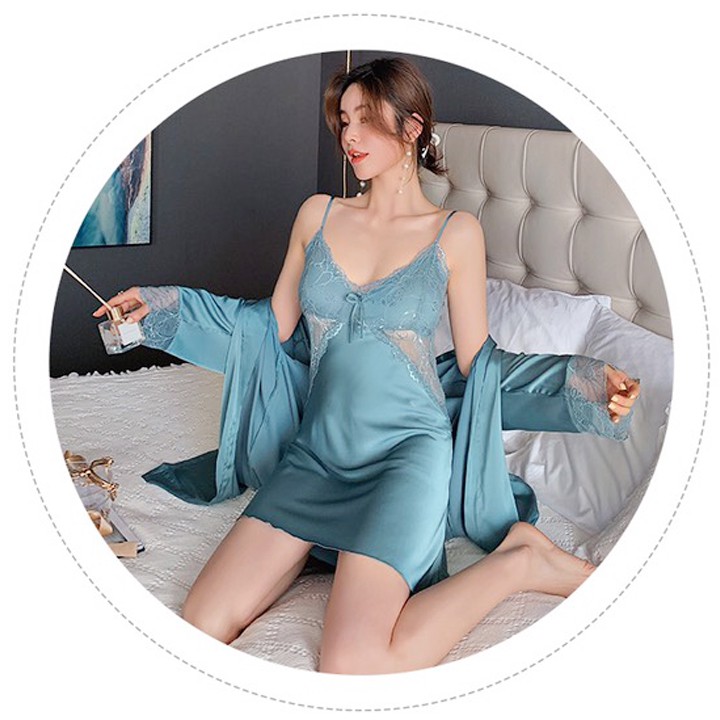 Set ngủ lụa sexy Váy ngủ ren xuyên thấu eo có mút ngực kèm áo choàng ngủ lụa kiểu kimono màu đỏ quyến rũ