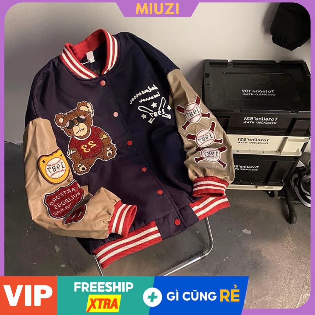 (Hàng có sẵn)Áo bomber varsity vải dạ tay da họa tiết thêu gấu,Áo khoác varcity nam nữ DT133