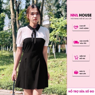 Đầm maxi phối đen trắng tay phồng cổ sơ mi đen - Váy tiểu thư cá tính dáng Baby doll sang trọng NNAHOUSE Mã NA236