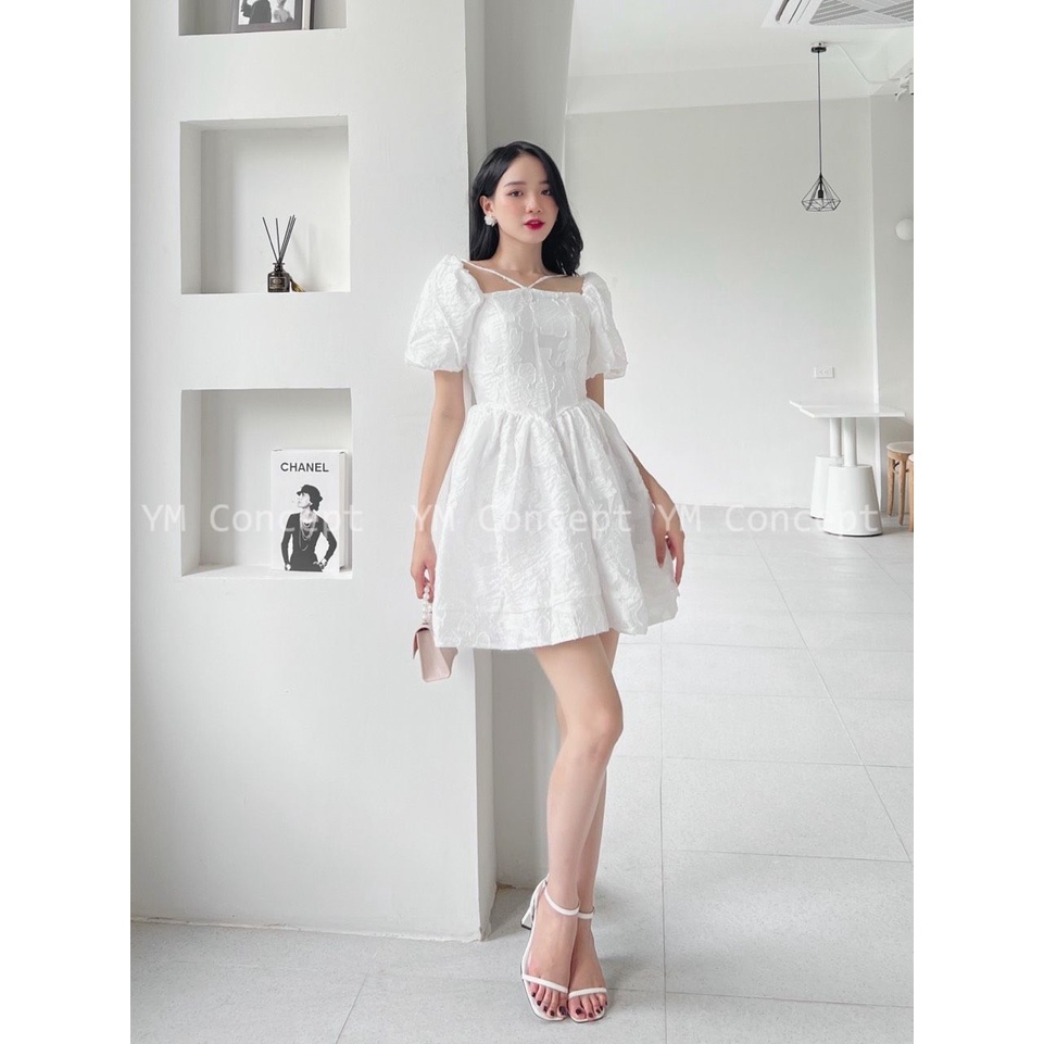 Đầm Xòe Tay Phồng Thiết Kế Cổ Vuông Hở Lưng Sexy Quyến Rũ Màu Trắng  | ROSE CLOTHING D0563