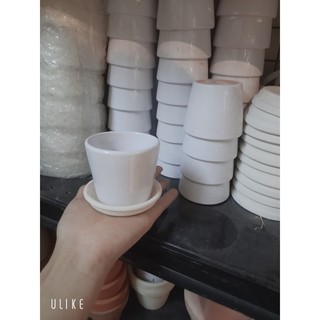 Chậu Sứ - 7x7x7 Cm +đĩa chậu– Dáng Trôn Ốc - Chậu Gốm Bát Tràng Trồng Cây Mini Để Bàn, Tiểu Cảnh , Sen Đá & Xương rồng