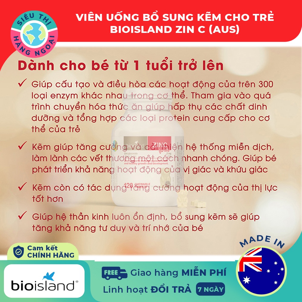 Viên Bổ sung Kẽm Úc cho bé của Úc Bio Island Zinc 120 Viên