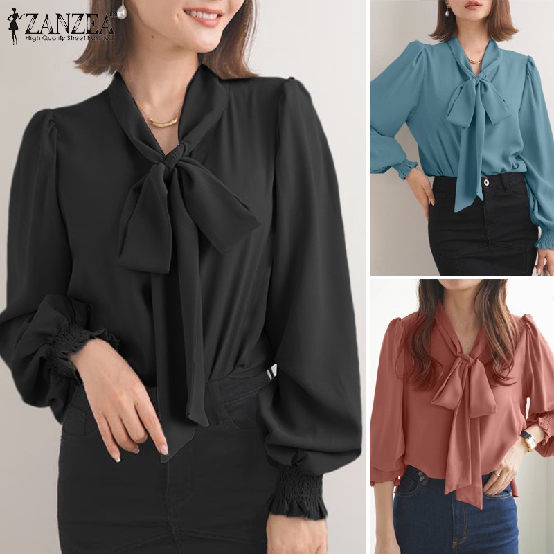 Áo ZANZEA tay dài cổ buộc nơ màu trơn phong cách Hàn Quốc thanh lịch dành cho nữ