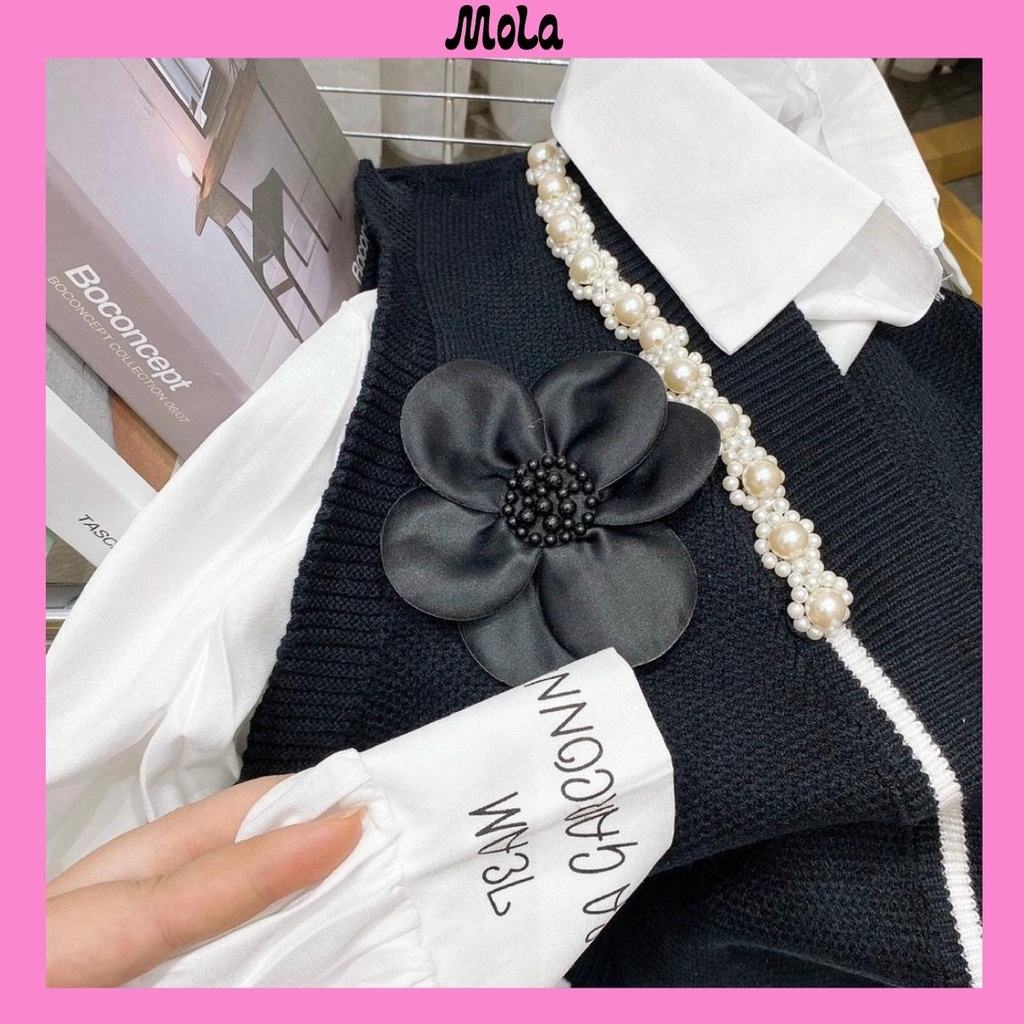 Áo Sơ Mi Phối GiLe Trắng MOLA Form Rộng Dài Tay Thêu Chữ Kiểu Tay Bo Phồng Dáng Dài Phong Cách Hàn Quốc Mix Kèm áo Gile | BigBuy360 - bigbuy360.vn