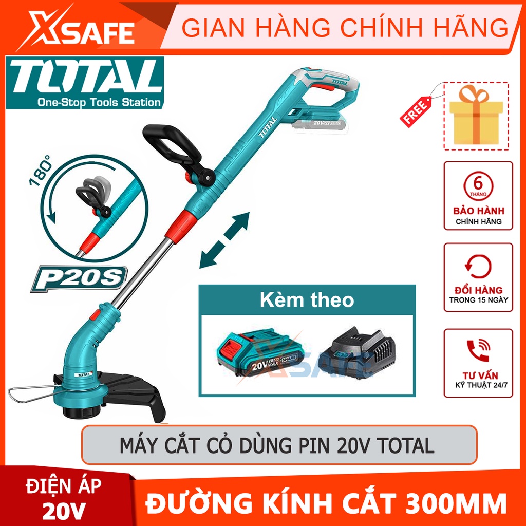 Máy cắt cỏ dùng pin Lithium-Ion 20V TOTAL TGTLI20301 (kèm pin và sạc), dây cước 1,6mm xoắn, chiều dài dây cước: 5m-XSAFE
