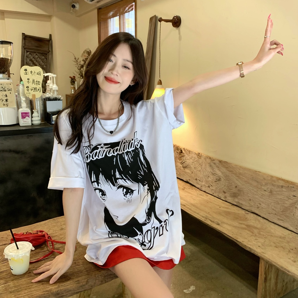 SUXI Áo Thun Tay Ngắn Cổ Tròn Dáng Rộng In Họa Tiết Thời Trang Mùa Hè Xinh Xắn Cho Nữ