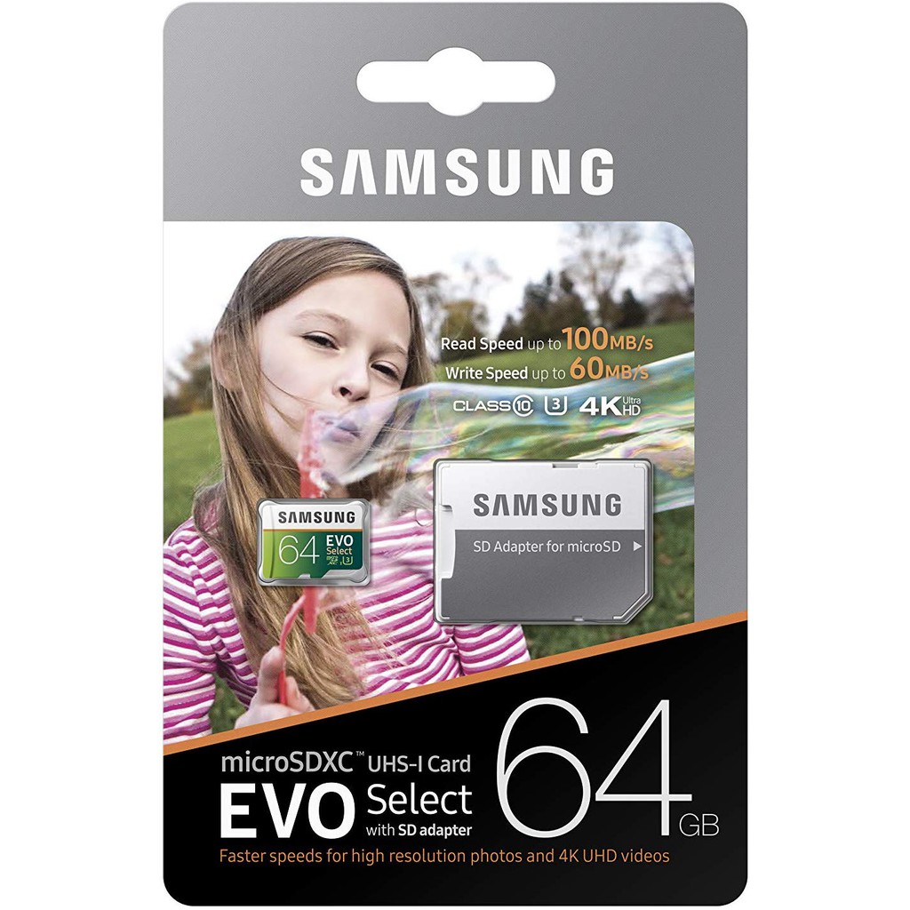 Thẻ nhớ Samsung Evo Select 64GB 100MB / s (U3) MicroSDXC kèm phụ kiện kết nối MB-ME64GA / AM chất lượng cao