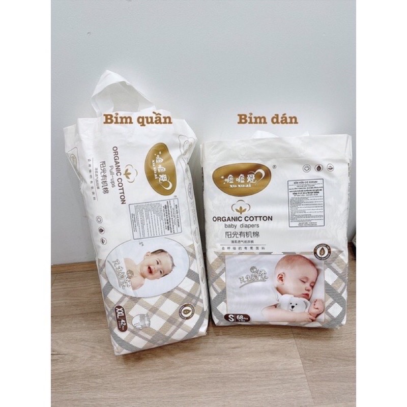 Bỉm hữu cơ xuxuai quần/dán - size NewBorn,S,M,L,XL,XXL - số miếng NB36,S68,M50c,L48,XL44,XXL42c / bịch