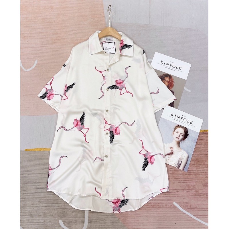 Váy ngủ sơmi pijama lụa mỏng nhẹ hoạ tiết đáng yêu hot trend 2021